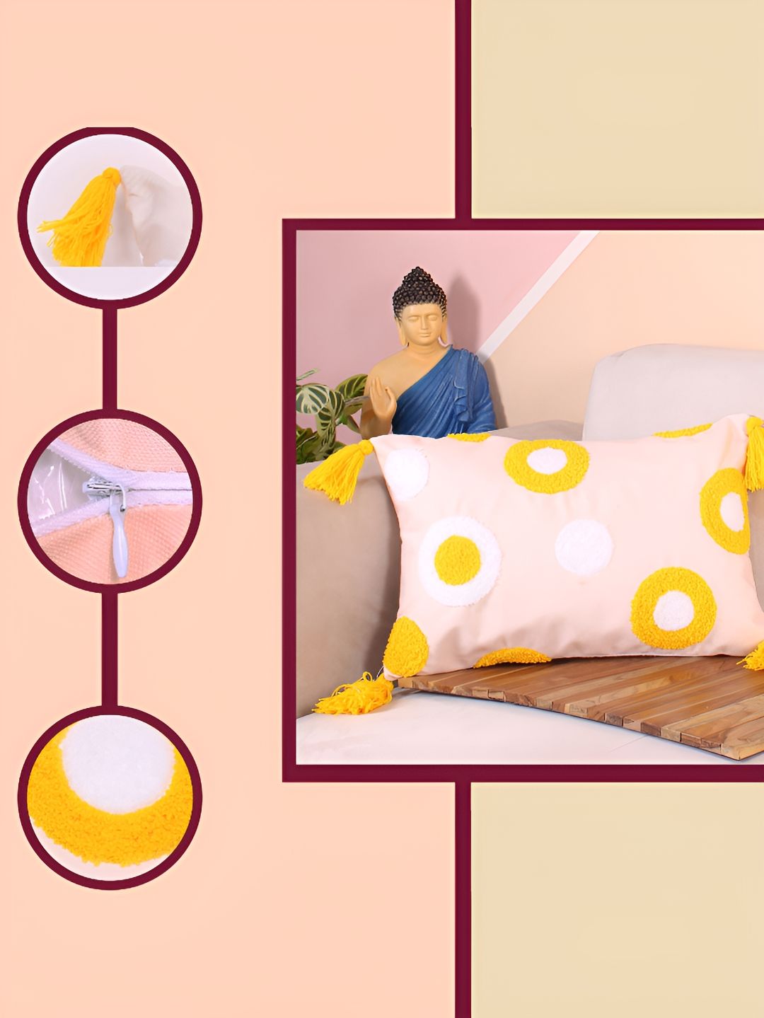 STITCHNEST Peach-Coloured & Yellow Embroidered Rectangle Cushion Cover