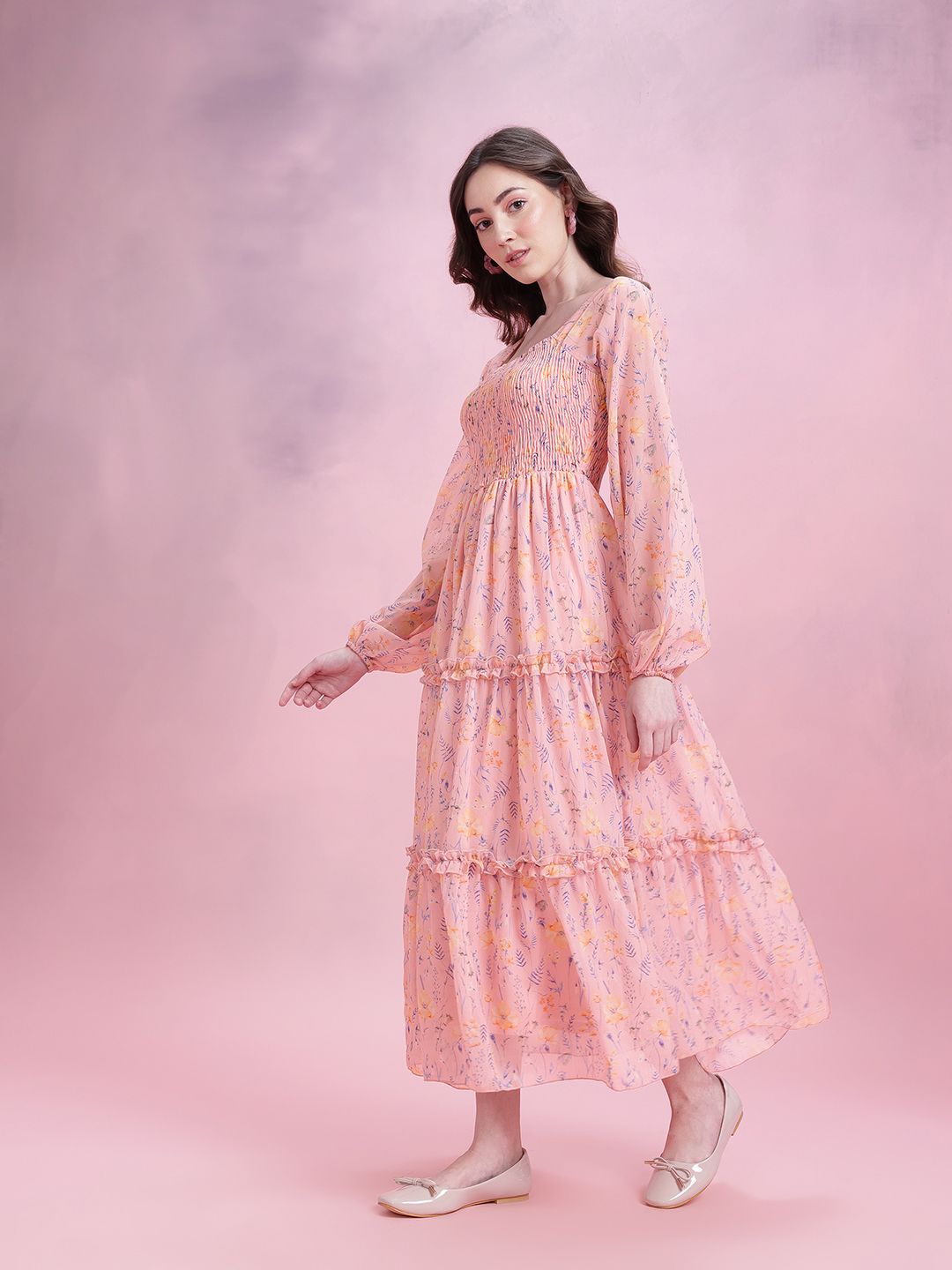 DressBerry Floral Print Tiered A-Line Midi Dress