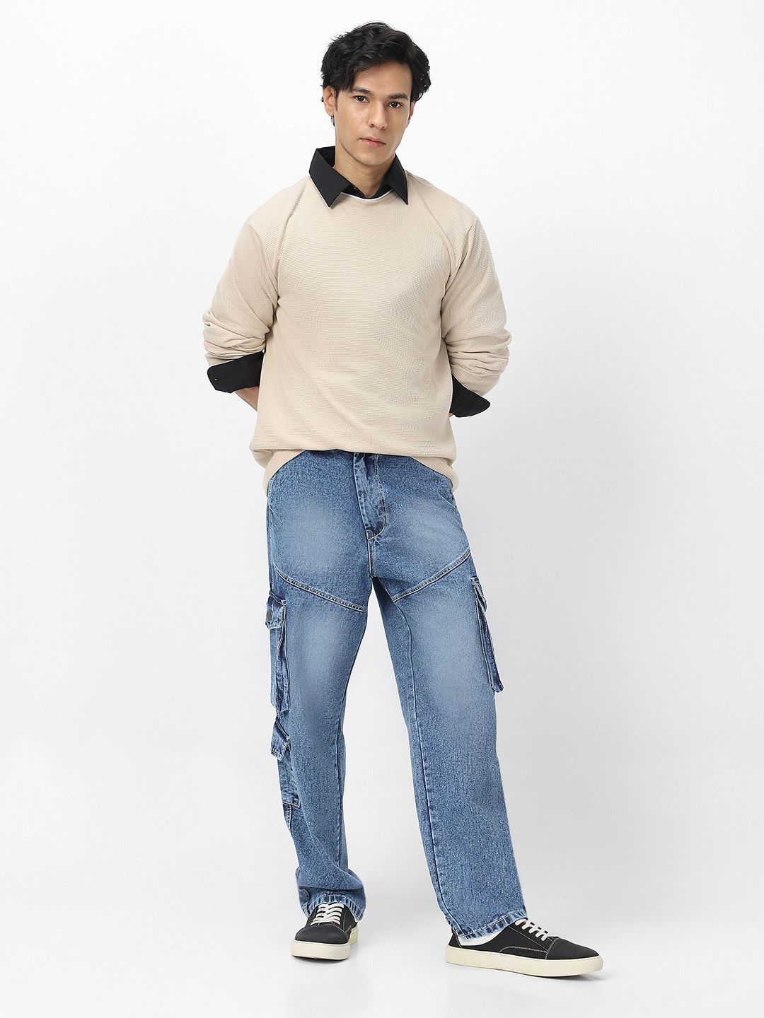 Urbano Fashion Men Loose Heavy Fade Loose Fit Cargo Jeans With 7 Pockets Non-Stretchable