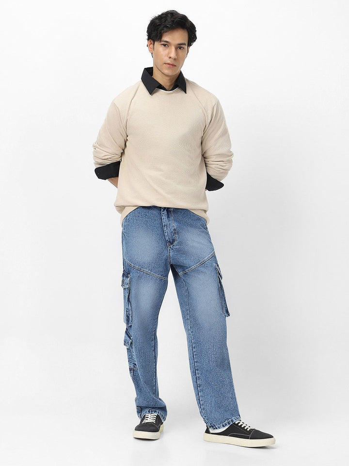 Urbano Fashion Men Loose Heavy Fade Loose Fit Cargo Jeans With 7 Pockets Non-Stretchable
