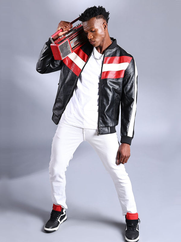 The Indian Garage Co Men Colourblock Slim Fit Zip-Front Faux Biker Jacket