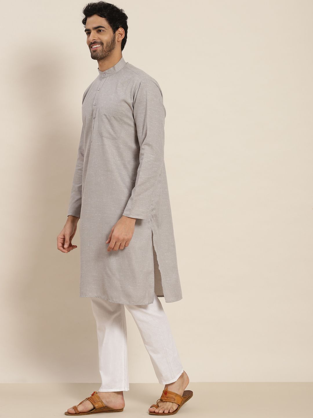 SOJANYA Lelaki Grey Dobby Cotton Linen Kurta