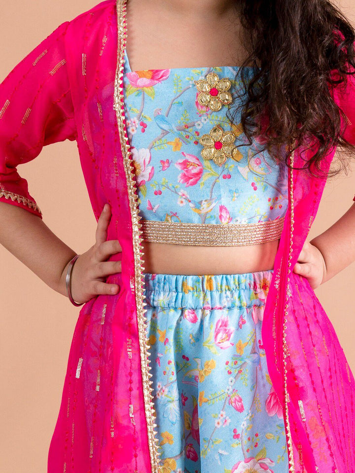 pspeaches Girls Blue & Red Printed Ready to Wear Lehenga Choli