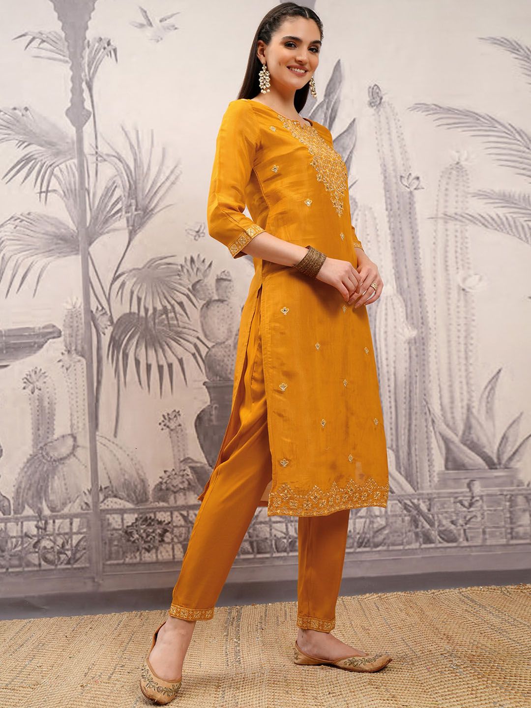 Vishudh Ethnic Motifs Embroidered Straight Kurta & Trousers With Dupatta