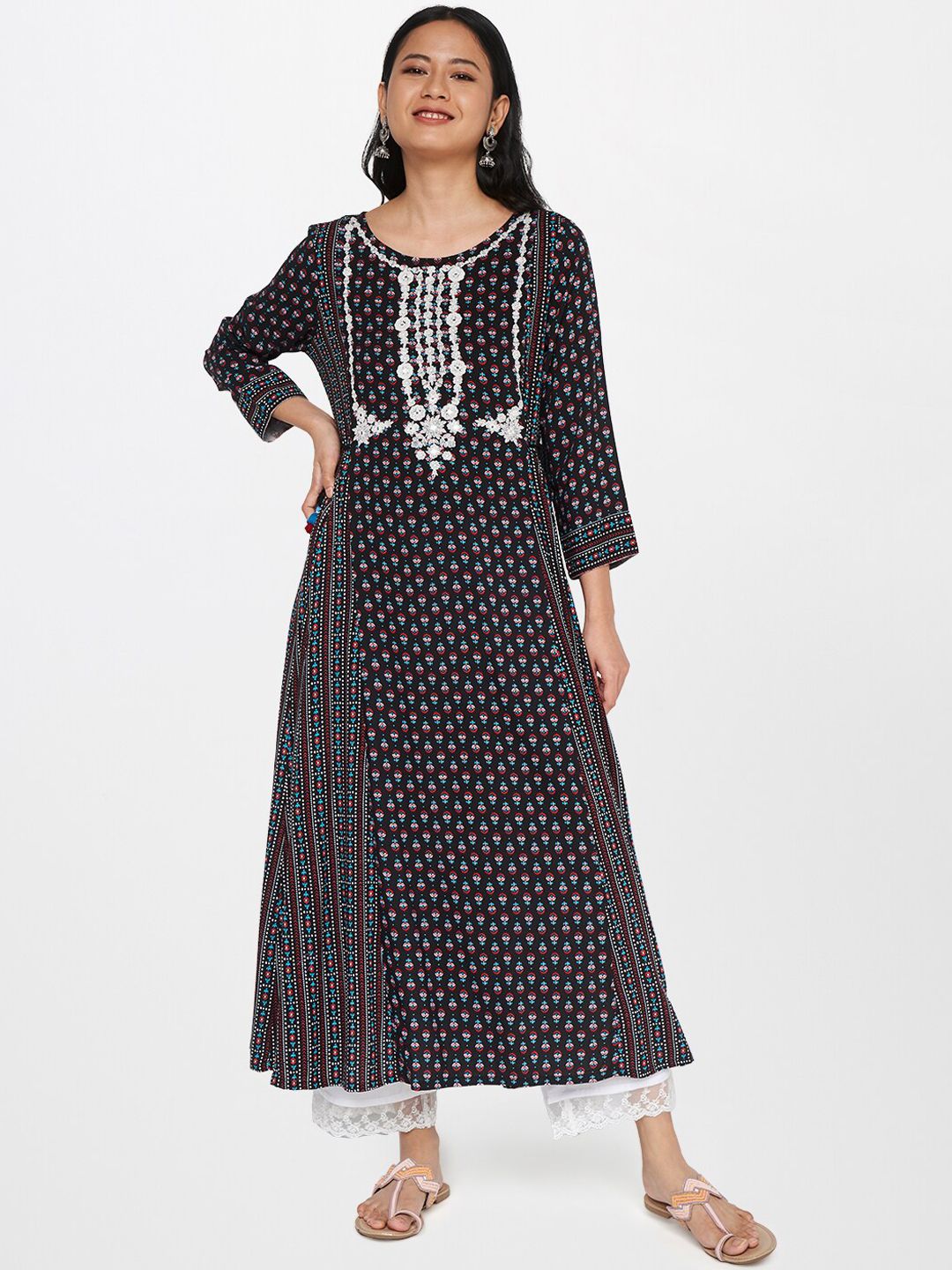 Global Desi Women Black Ethnic Motifs Printed Thread Work Anarkali Kurta