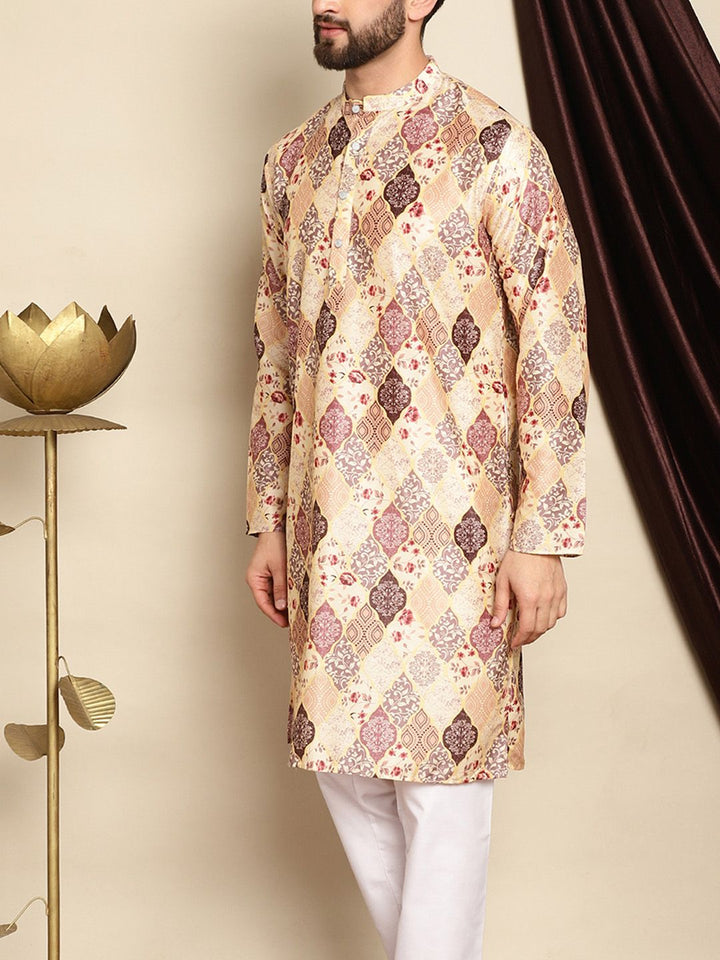 Anouk Beige Ethnic Motifs Printed Mandarin Collar Long Sleeves Silk Cotton Straight Kurta