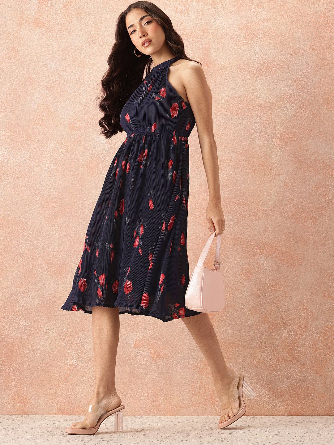all about you Floral Print Halter Neck Accordion Pleats Fit & Flare Midi Dress