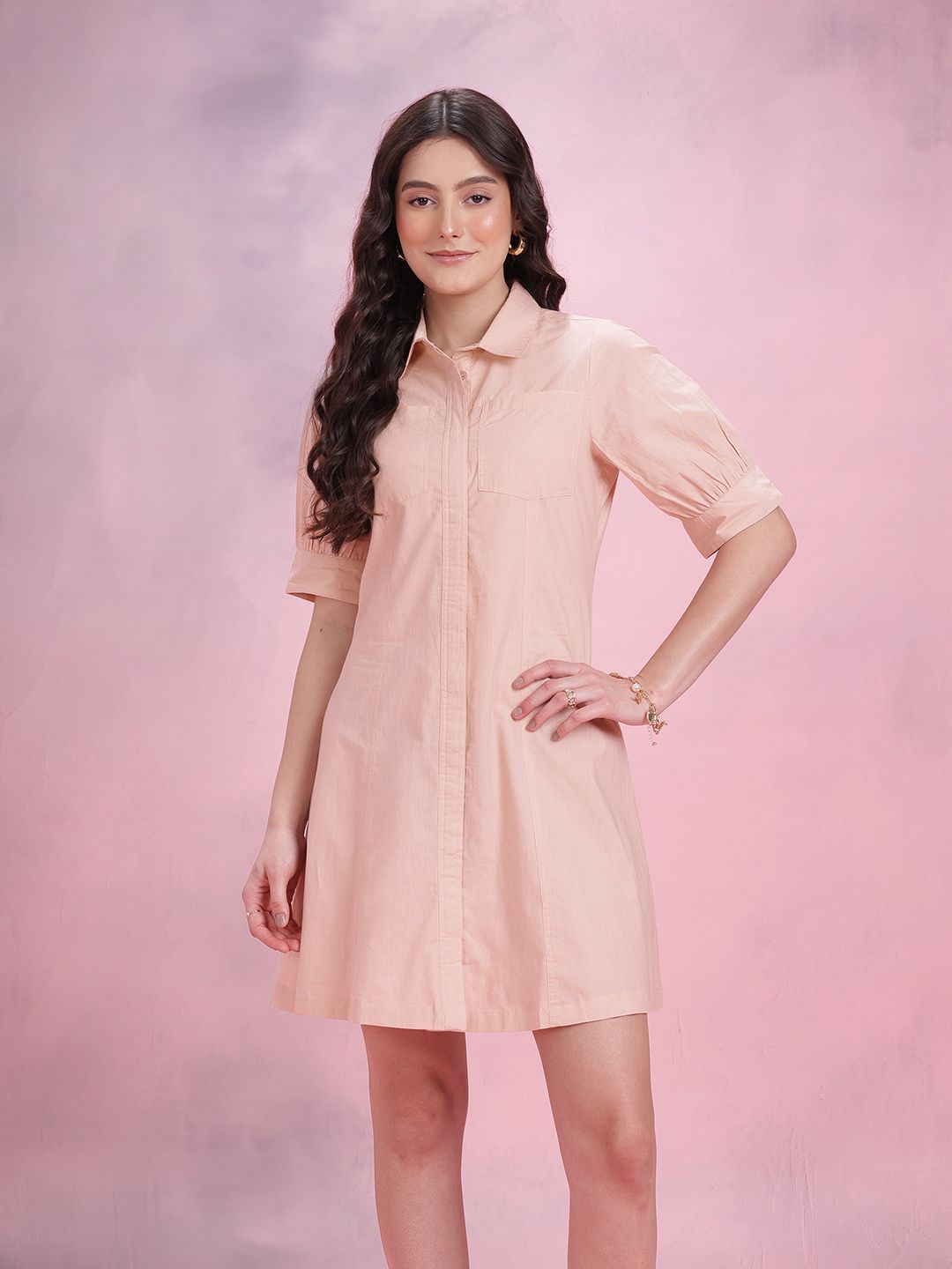 DressBerry Cuffed Sleeve Pure Cotton Shirt Dress
