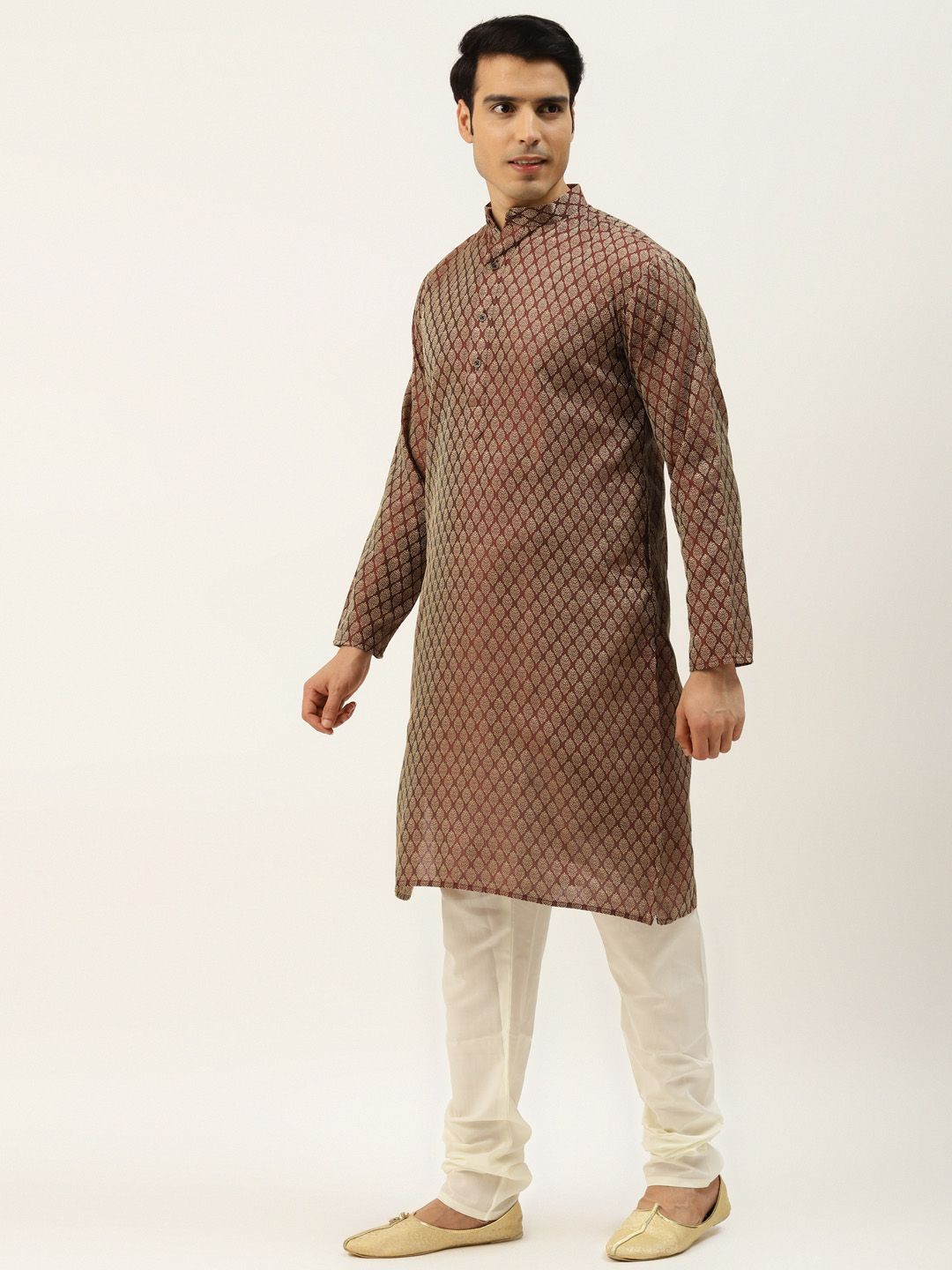 SOJANYA Men Maroon & Beige Woven Design Kurta with Churidar & Nehru Jacket