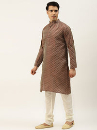 SOJANYA Kurta Rekaan Tenunan Maroon & Beige Lelaki dengan Jaket Churidar & Nehru