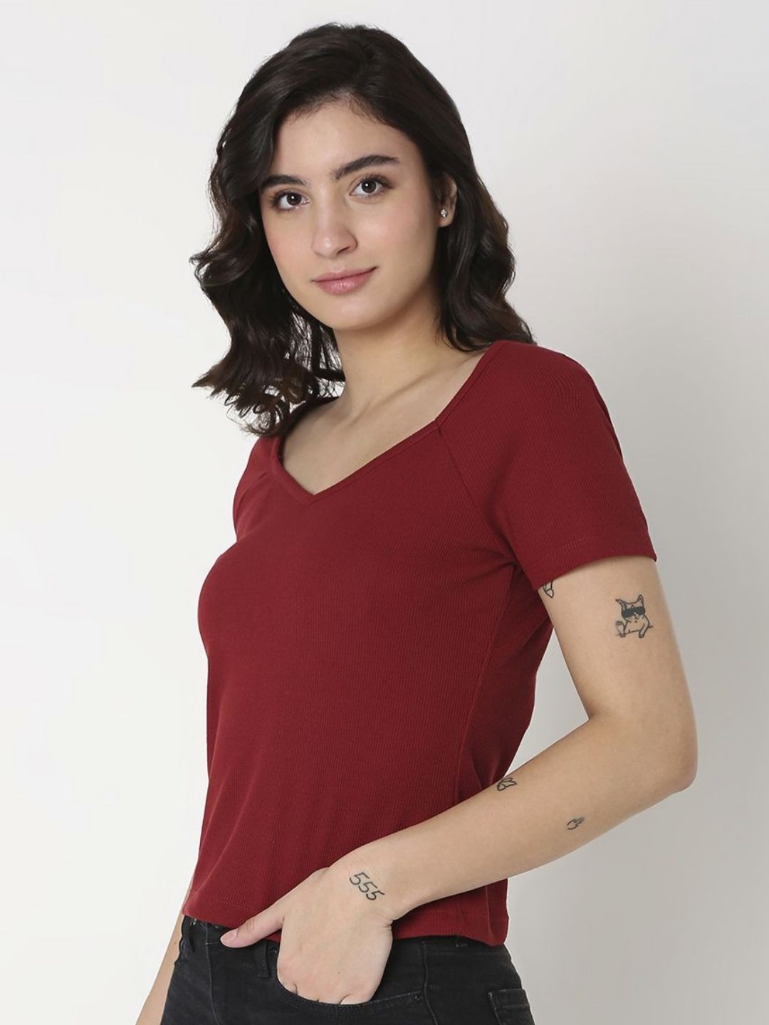 SPYKAR Women Solid V-Neck Cotton Slim Fit T-Shirt