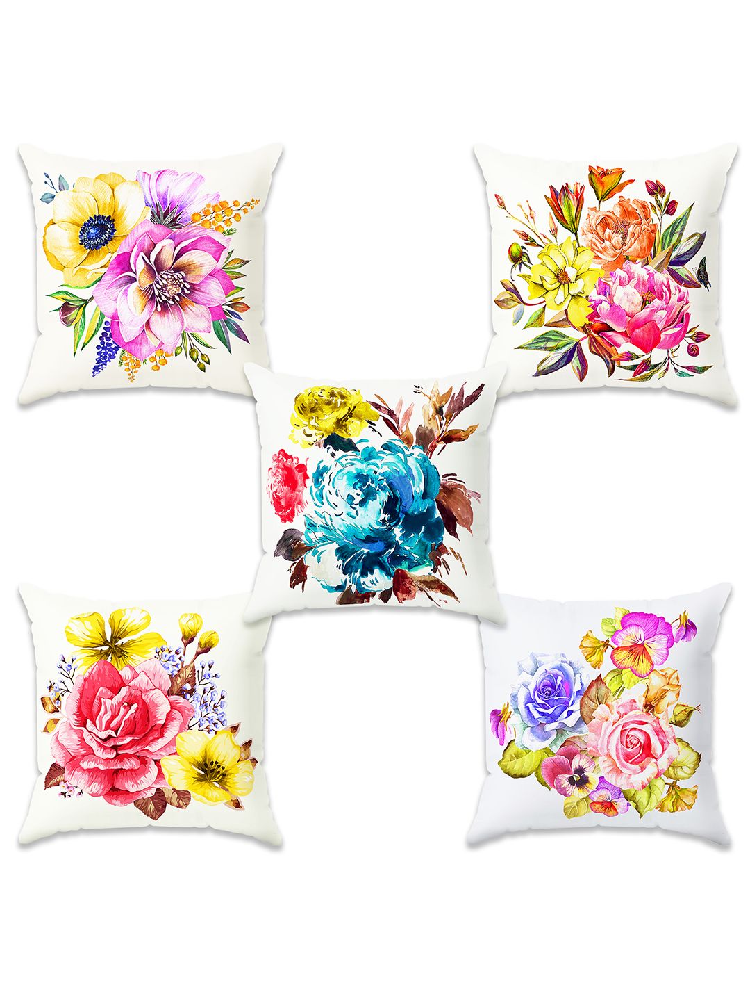Story@home White & Blue 5 Pieces Floral Square Cushion Covers