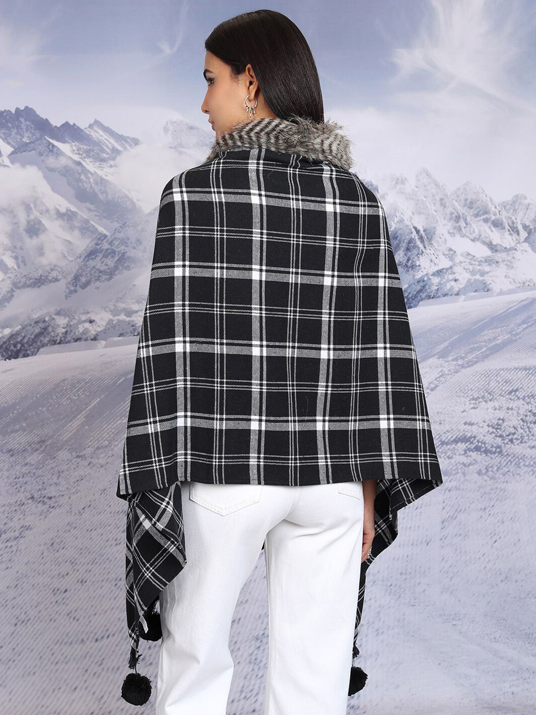 Tokyo Talkies Checked Tasselled Open Front Flannel Checked Shrug