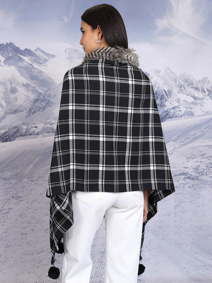 Tokyo Talkies Checked Tasselled Open Front Flannel Checked Shrug
