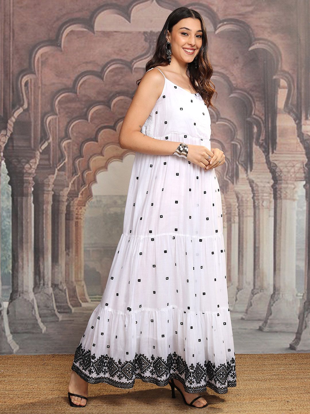 Vishudh Women Embroidered Shoulder Straps Tiered Fit & Flare Maxi Dress With Shrug