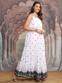 Vishudh Women Embroidered Shoulder Straps Tiered Fit & Flare Maxi Dress With Shrug