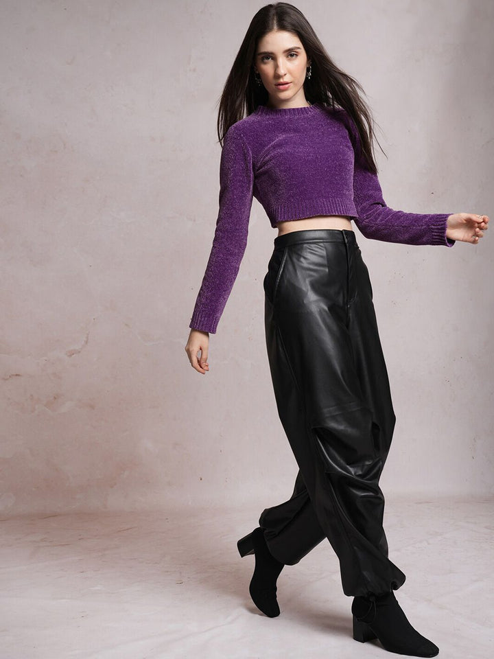 Tokyo Talkies Purple Round Neck Crop Pullover