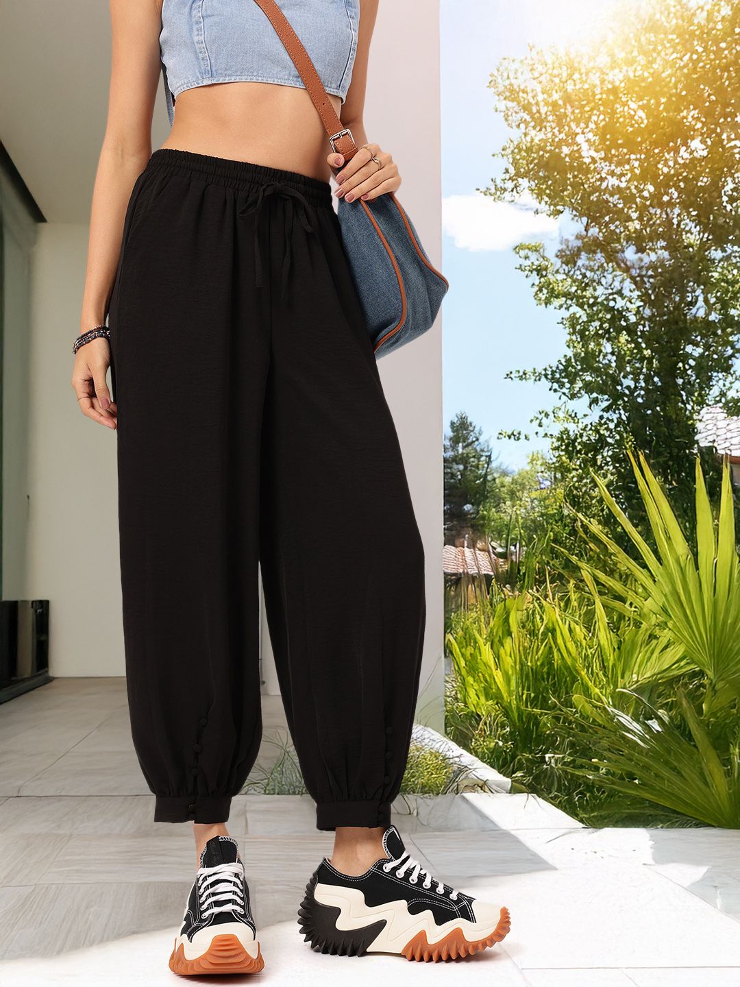 DressBerry Women Hippie Style Cropped Button-Cuffs Trousers
