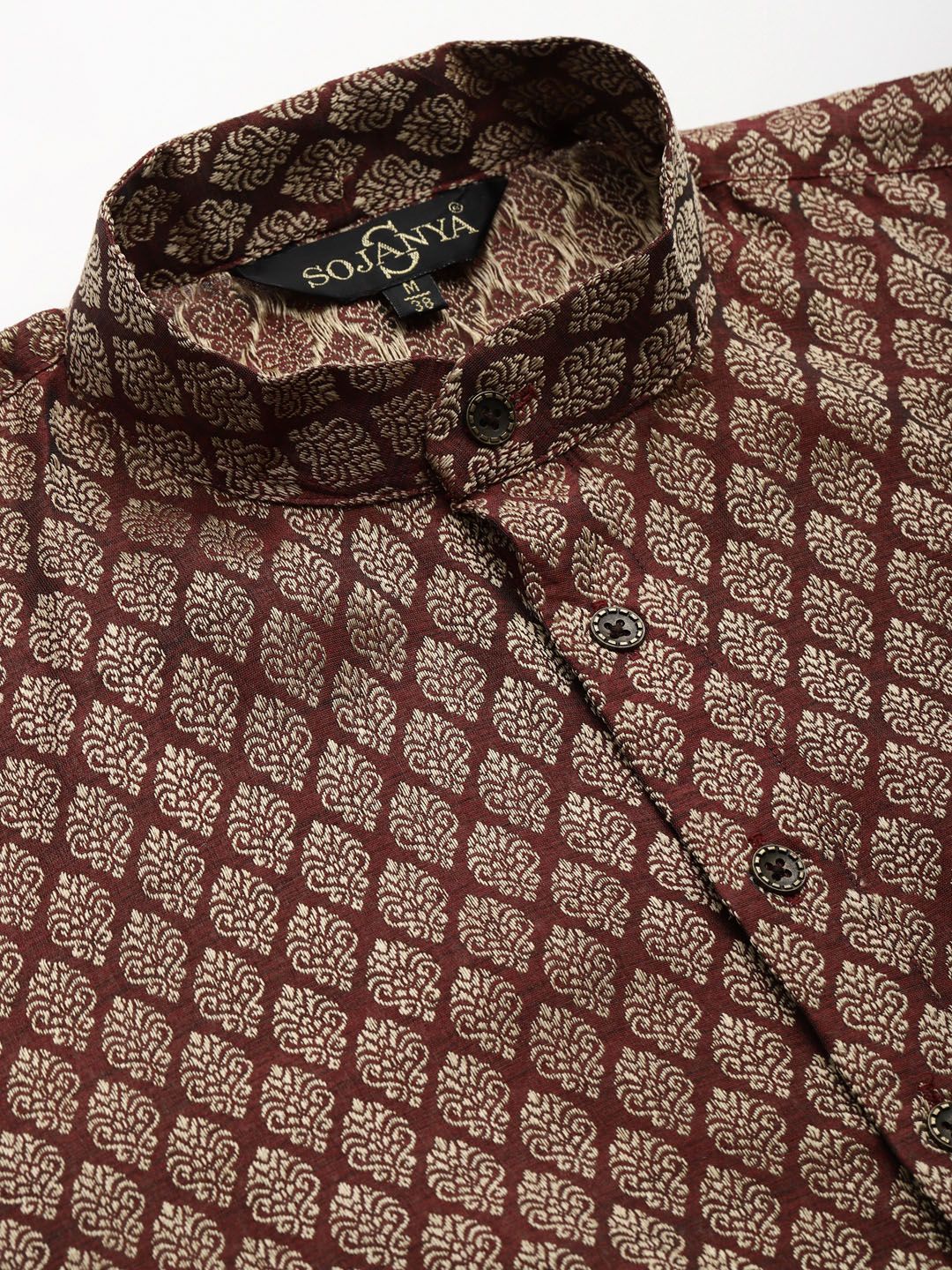 SOJANYA Men Maroon & Beige Ethnic Motifs Kurta with Churidar & Nehru Jacket