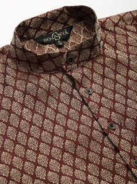 SOJANYA Men Maroon & Beige Ethnic Motifs Kurta with Churidar & Nehru Jacket