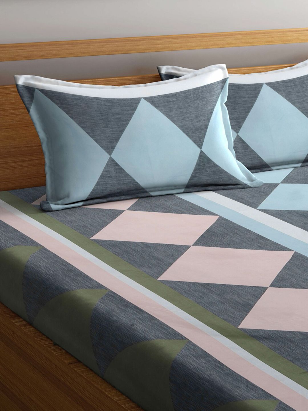 KLOTTHE Kelabu Kapas Geometrik 300 TC Cadar King Superfine dengan 2 Sarung Bantal-250 x 225 cm