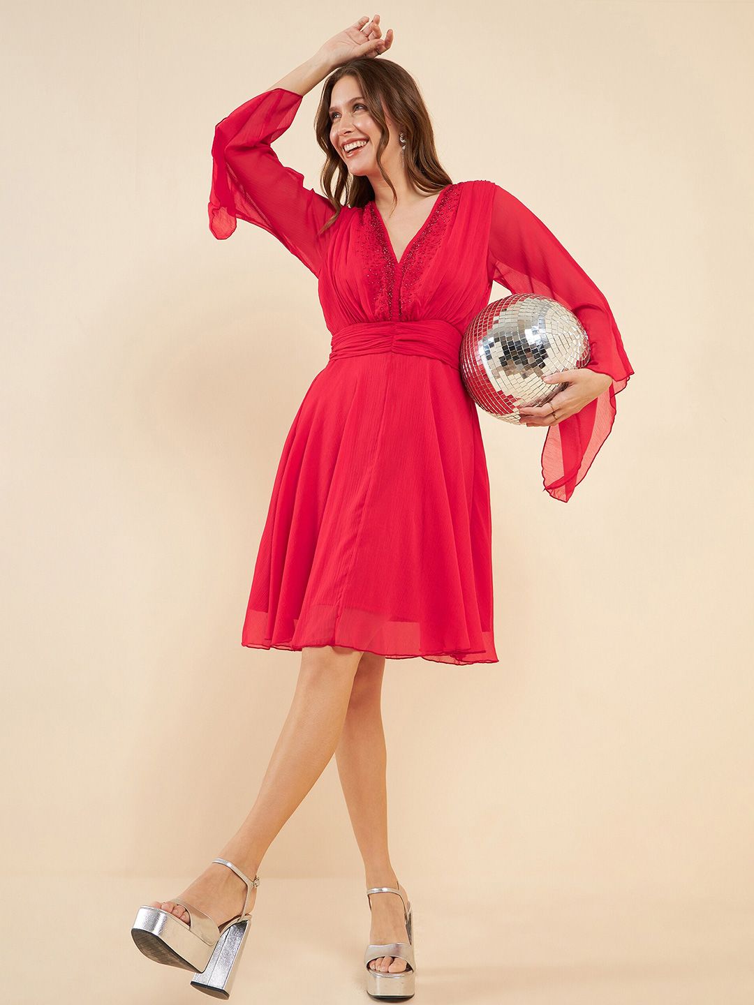 Antheaa Red V-Neck Flared Sleeve Sequinned Fit & Flare Dress