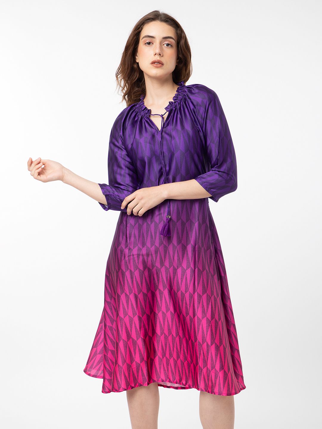 Rareism Abstract Printed Tie -Up Belted Neck A -Line Dress