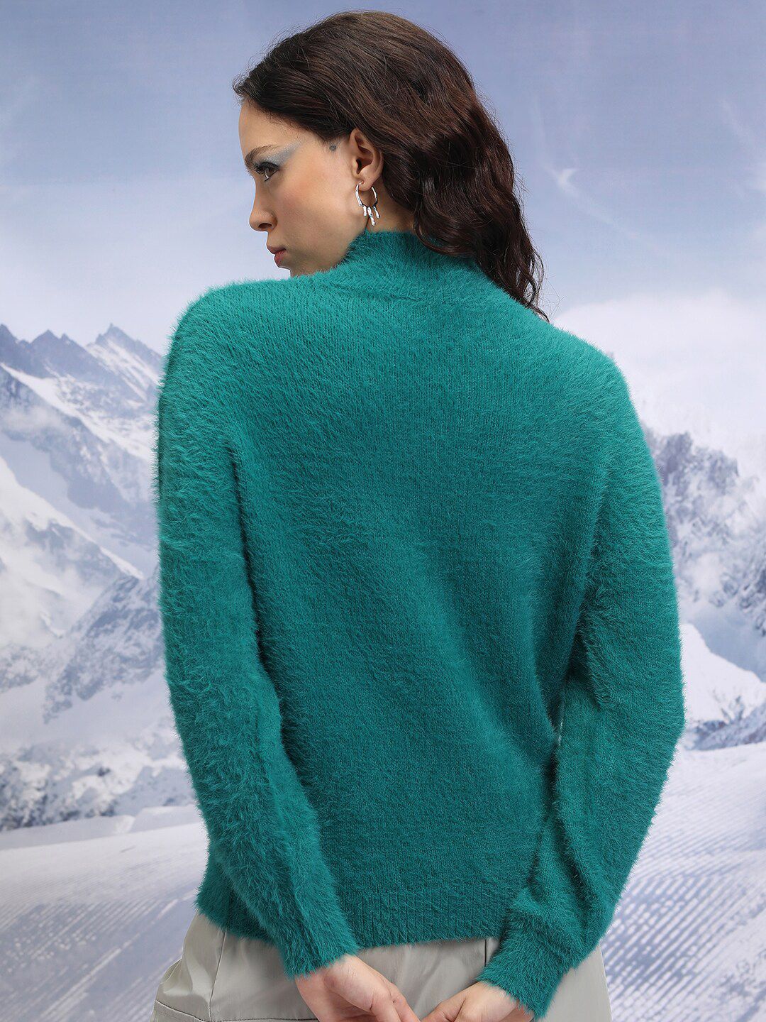 Tokyo Talkies Teal High Neck Long Sleeves Acrylic Pullover Sweater
