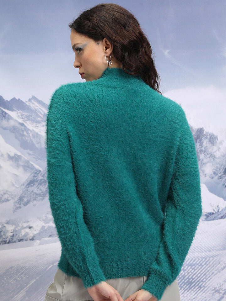 Tokyo Talkies Teal High Neck Long Sleeves Acrylic Pullover Sweater