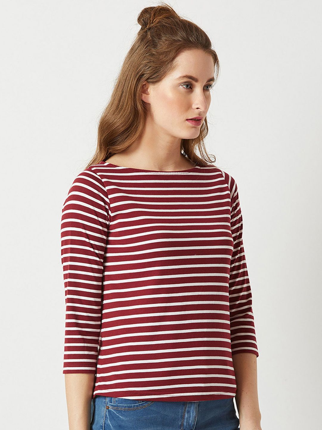 Miss Chase Maroon Striped Pure Cotton Top