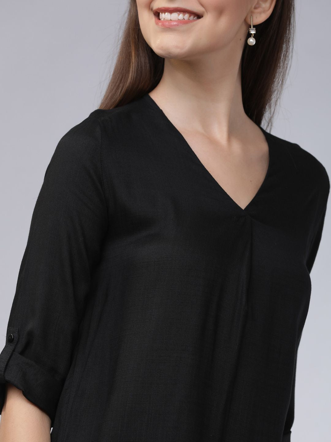 Basics By Tokyo Talkies Black V-Neck Top With Roll-Up Sleeves