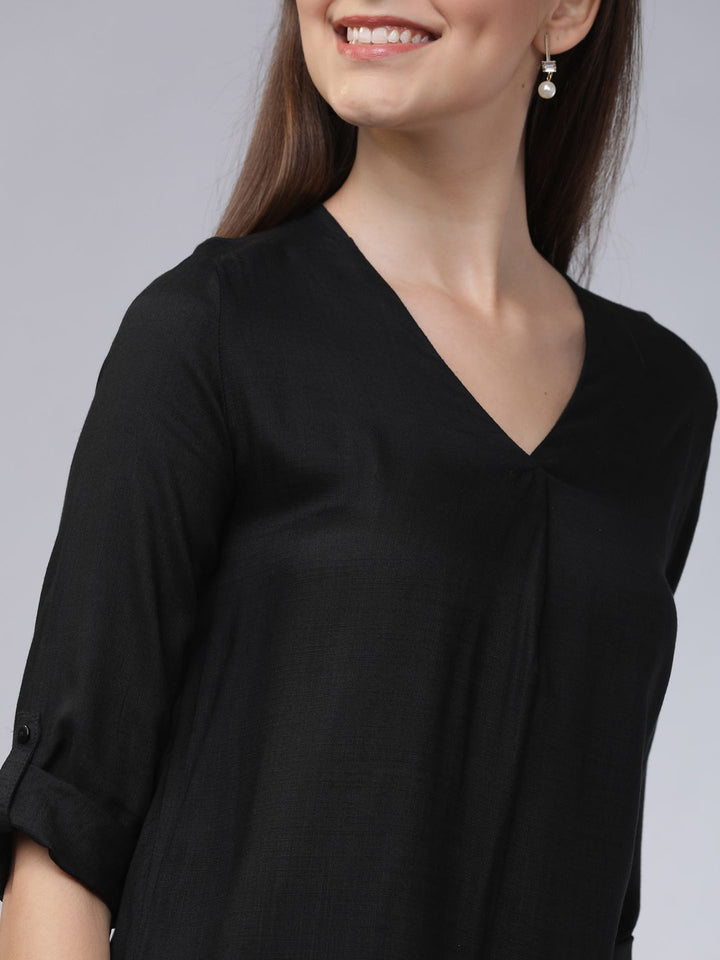 Basics By Tokyo Talkies Black V-Neck Top With Roll-Up Sleeves