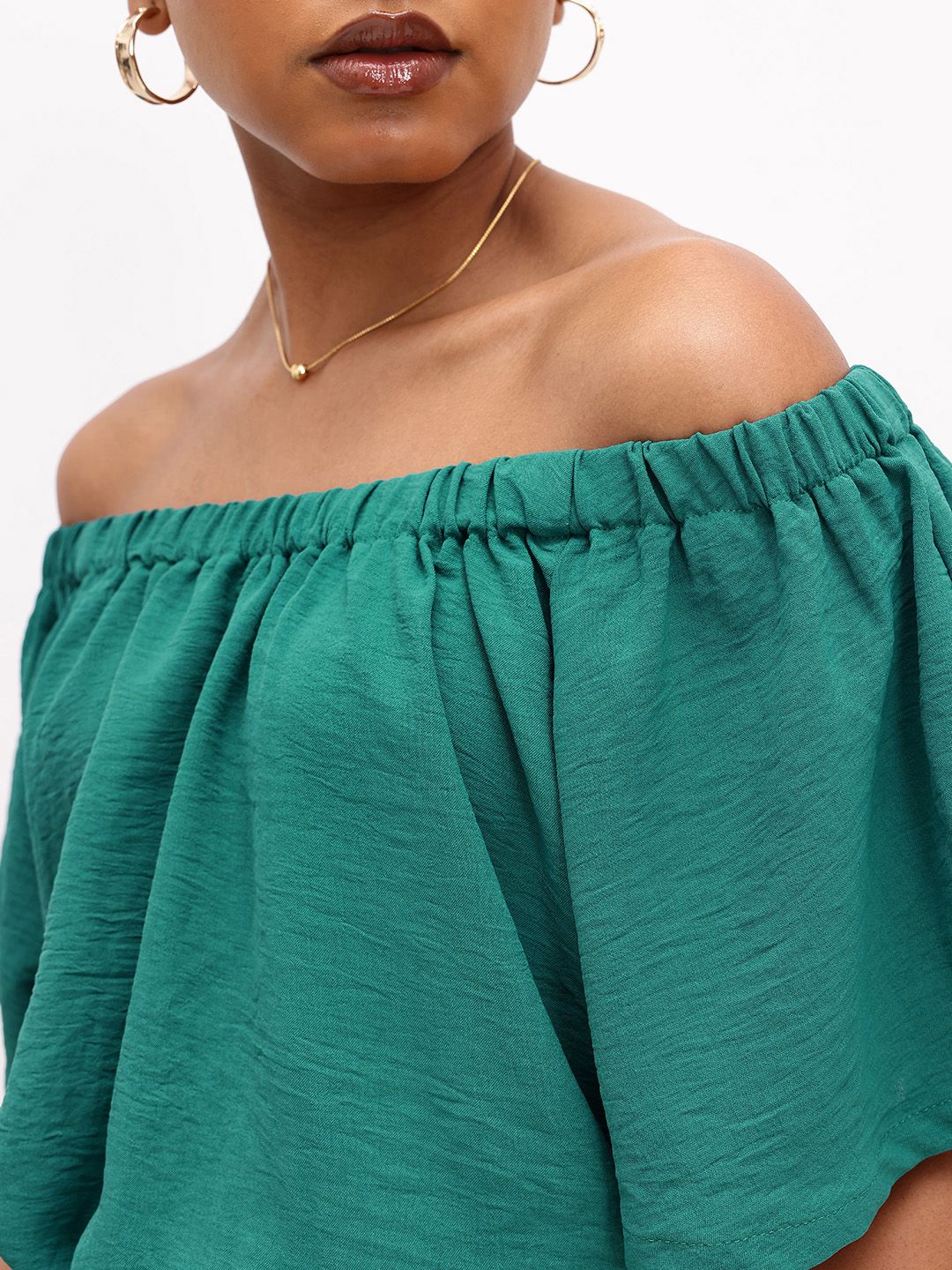 DressBerry Refreshing Green Off-Shoulder Gathered Crop Top