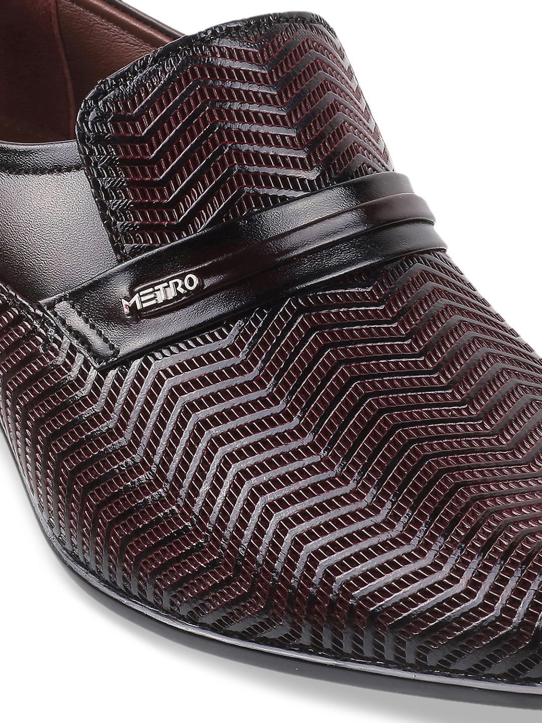 Metro Men Maroon Textured Leather Formal Slip-Ons