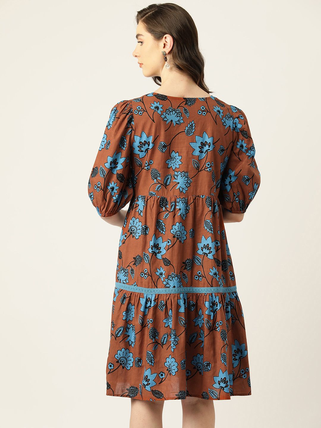 Antheaa Floral Print Puff Sleeve Cotton A-Line Dress