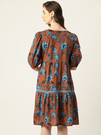 Antheaa Floral Print Puff Sleeve Cotton A-Line Dress