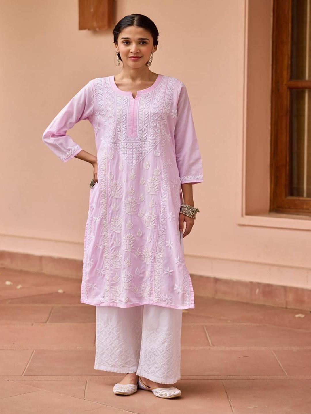House of Chikankari Women Pink Cotton Chikankari Embroidered Kurta