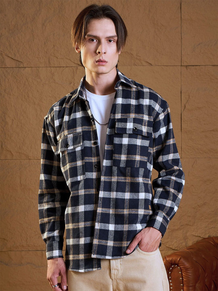 DENNISON Men Double Pocket Drop Shoulder Oversized Cotton Checked Shacket