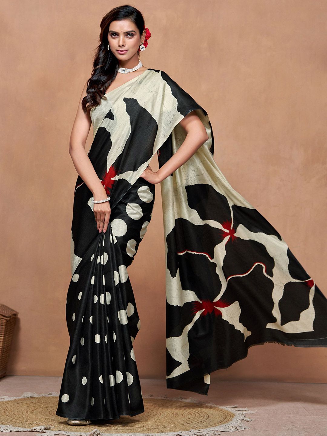 Kalini Womne's Art Silk Printed and Polka Dot Saree With Blouse Piece