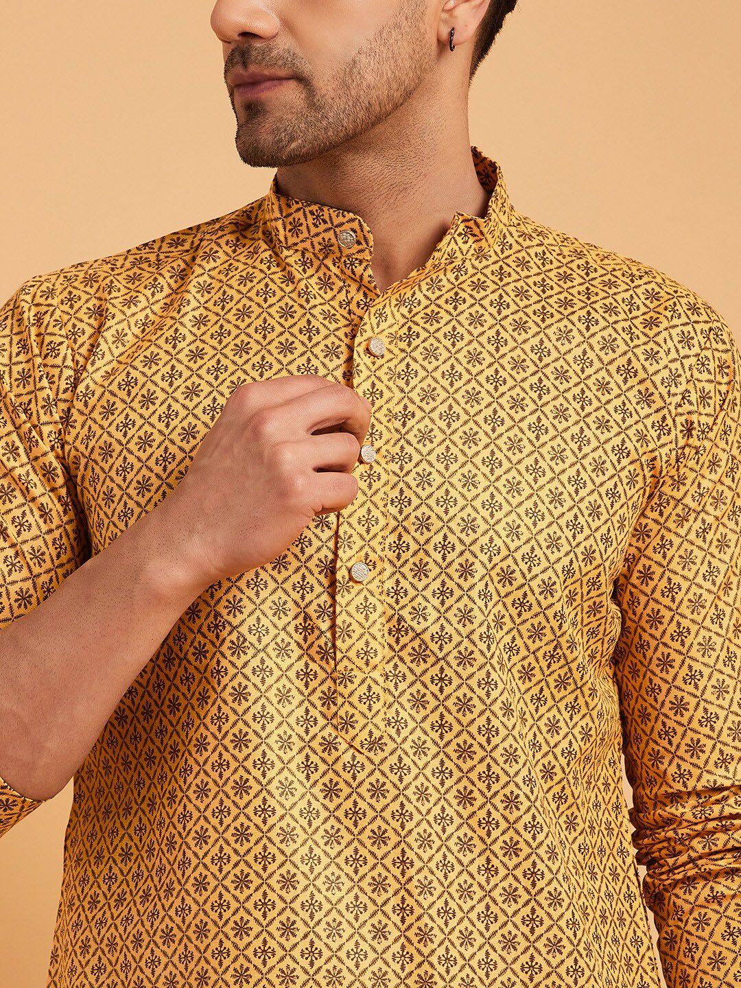 SOJANYA Mandarin Collar Ethnic Motifs Printed Cotton Linen Kurta