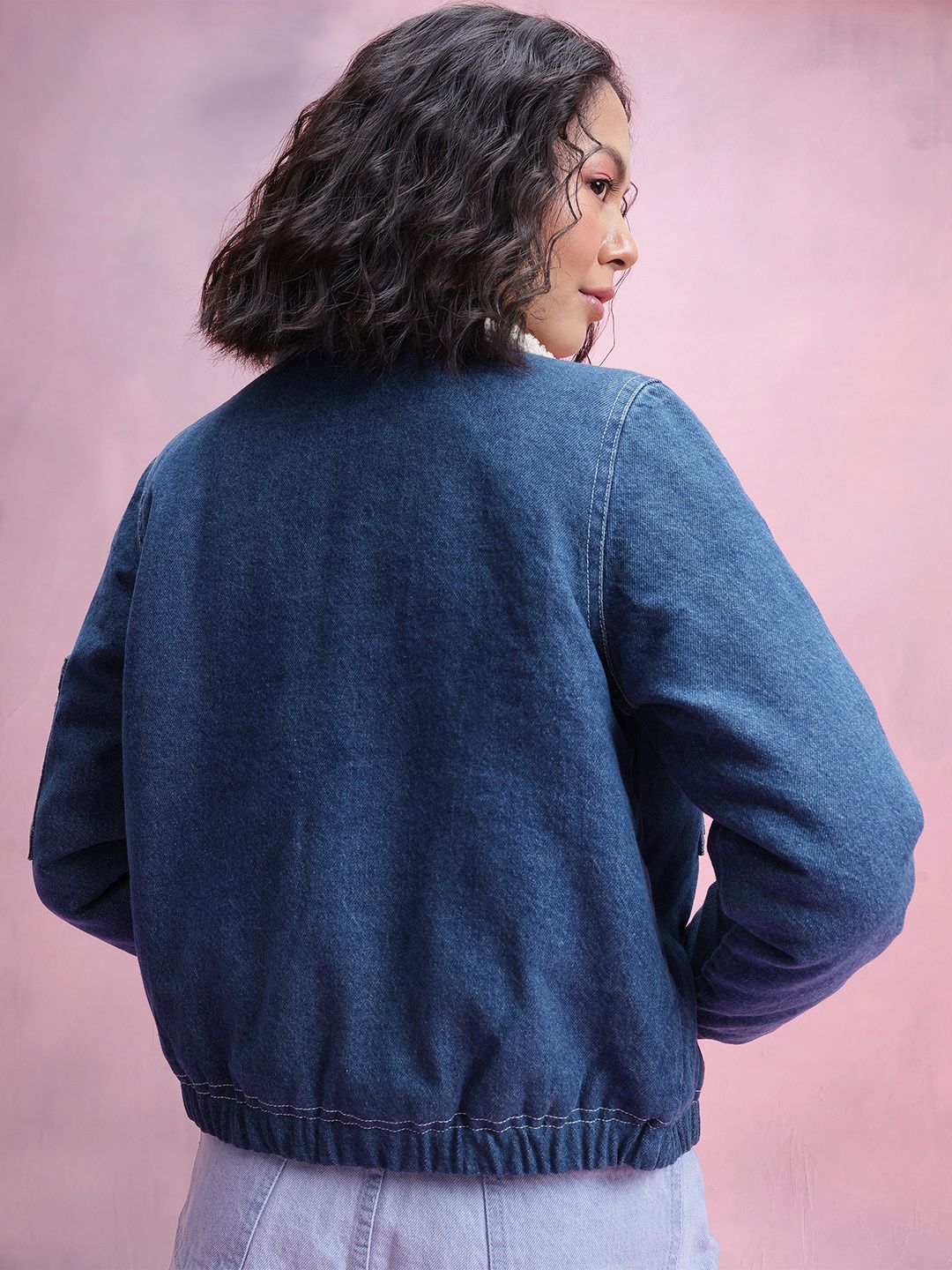 DressBerry Women Sherpa Trim Pure Cotton Denim Jacket