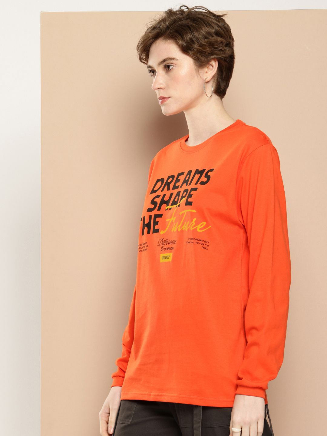 Difference of Opinion Oversized Fit Long Sleeve Typography Printed Pure Cotton T-shirt