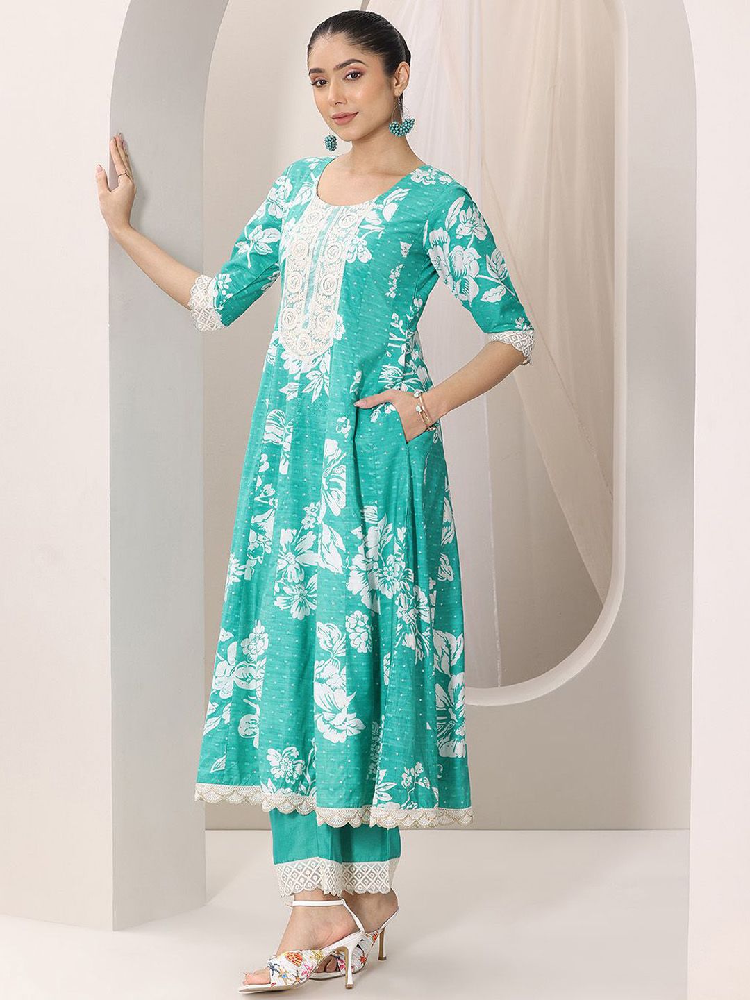 Libas Womens Blue Printed Anarkali Kurta With Trousers & Dupatta