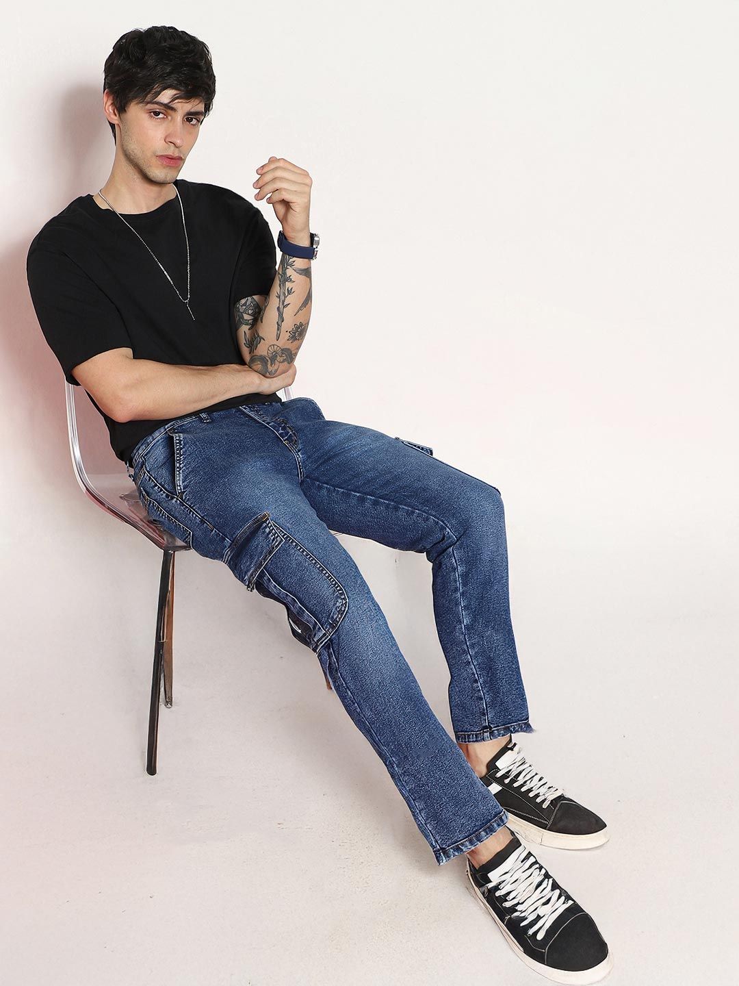Urbano Fashion Men Blue Regular Fit Washed Cargo Jeans