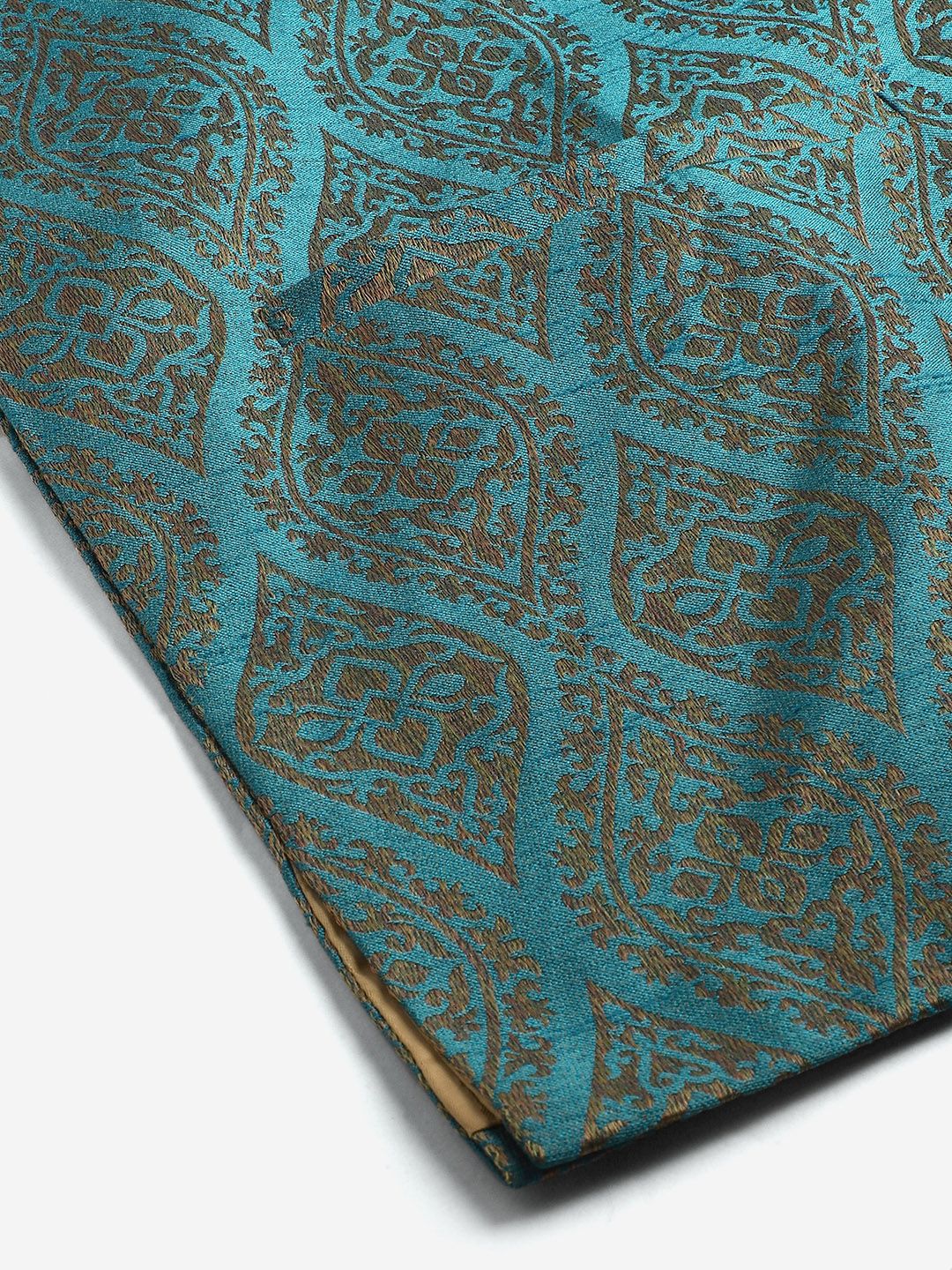 SOJANYA Kurta Rekaan Tenunan Biru Teal & Putih Putih dengan Piyama & Jaket Nehru
