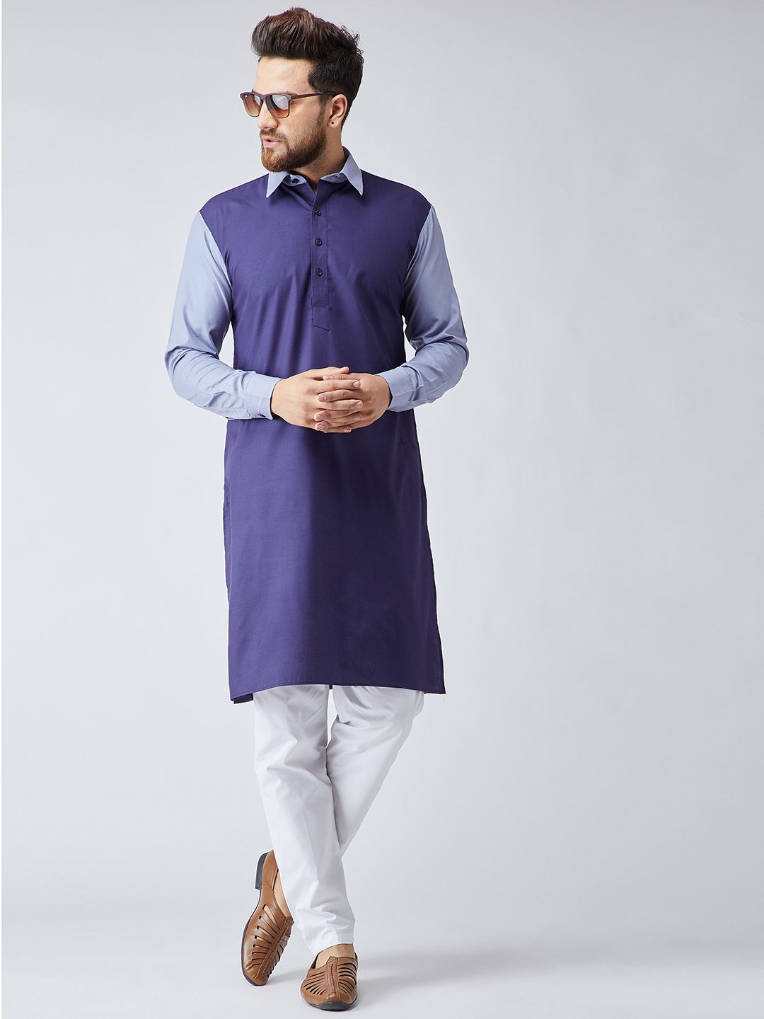 SOJANYA Men Navy Blue Solid Pathani Kurta