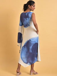 W Blue & White Tie and Dye Dyed Batwing Sleeve A-Line Midi Dress