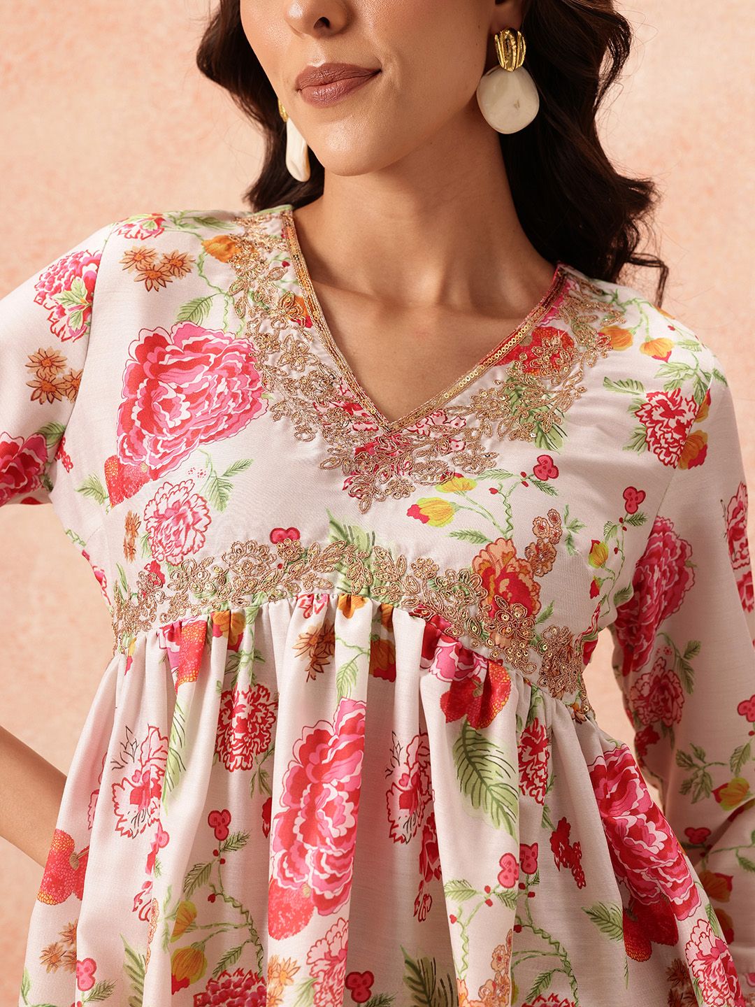 all about you Floral Print V-Neck Sequined Empire Kurti
