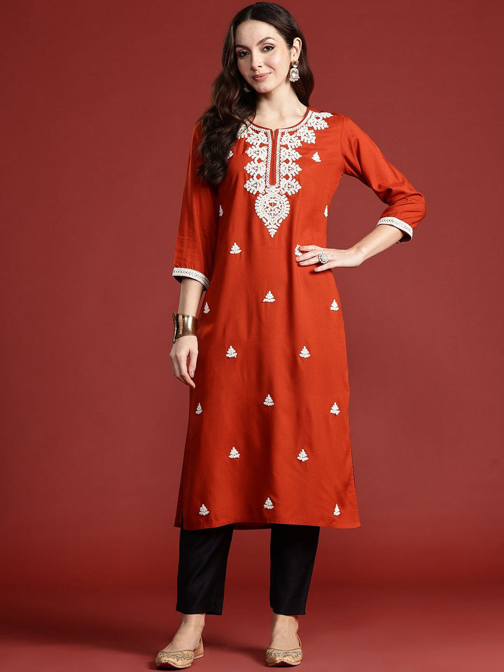 Indo Era Women Floral Embroidered Thread Work Kurta