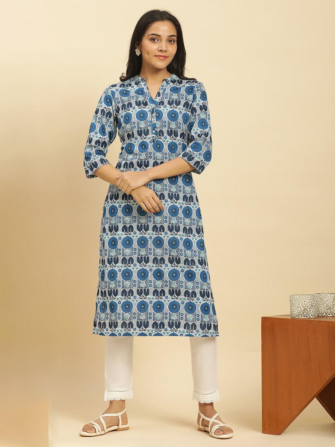 W Blue & White Geometric Printed Mandarin Collar Cotton A-Line Kurta